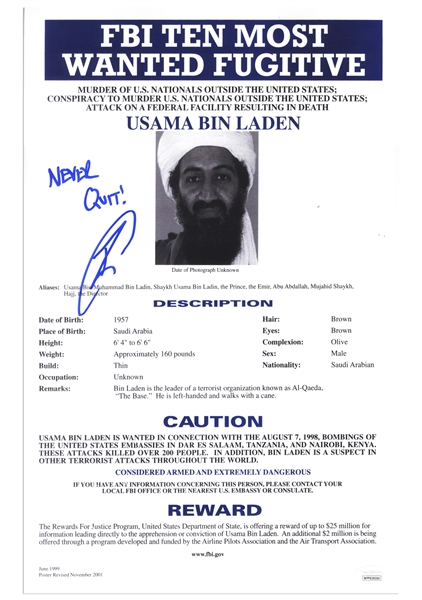 Navy Seal Robert O'Neill Signed 12'' x 18'' Photo of Osama bin Laden's FBI Most Wanted Poster -- O'Neill Was the Navy Seal Who Fatally Shot bin Laden -- With JSA COA